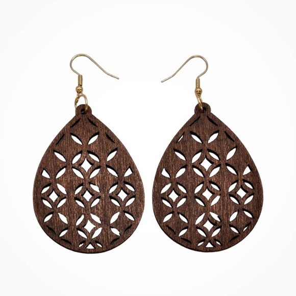 Boheme Jewelry - Hollow Boho Wood Earrings Bohemian Dangle Style Ear Jewelry Brown